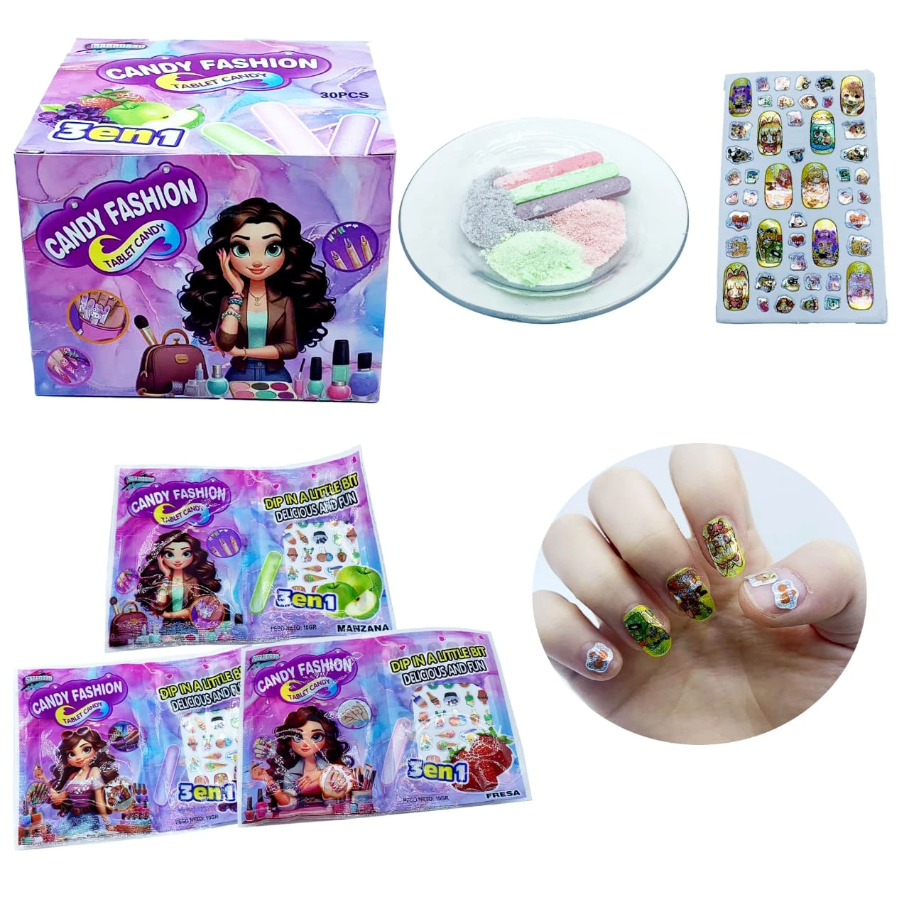 Candy fashion caramelos+stickers de uñas x30u